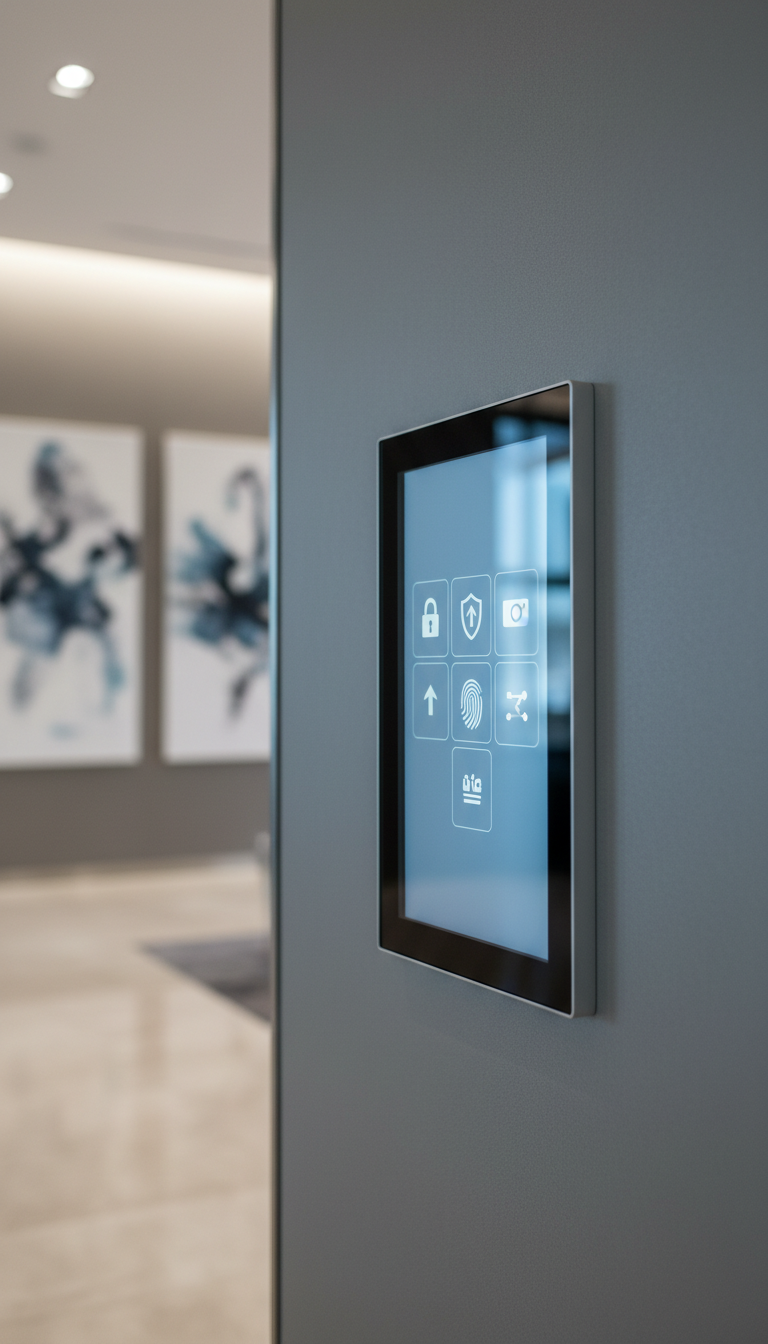 An advanced security system interface, depicted as a minimalist touchscreen panel embedded into a matte-grey wall with smooth, continuous surface and subtle textural detail. The interface glows softly with crisp, blue and white icons arranged in a structured, grid-like pattern, reflecting reflections of light on the glass display. The scene is set in a modern office lobby with neutral stone flooring and abstract art in the background, softly blurred. Gentle ambient lighting from recessed ceiling fixtures creates even illumination with subtle highlights along the edges of the panel, emphasizing a sense of trust and technological sophistication. Photographed from a close-up, slightly angled perspective, the image employs clean lines, balanced composition, and a corporate, photographic style suitable for showcasing innovative security consulting solutions.
